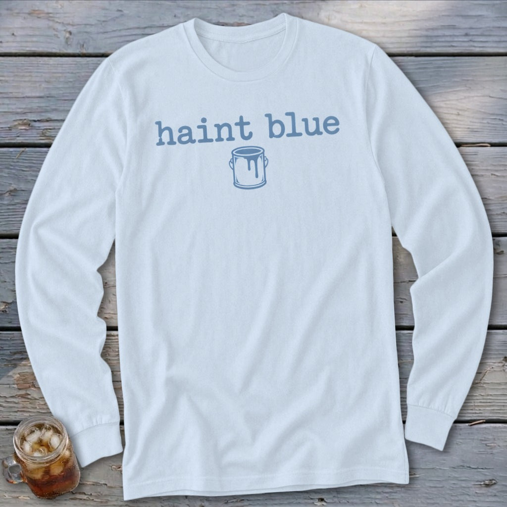 Light blue long sleeve t-shirt with "haint blue" text and paint can graphic.