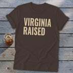 Brown t-shirt with tan text reading "VIRGINIA RAISED".