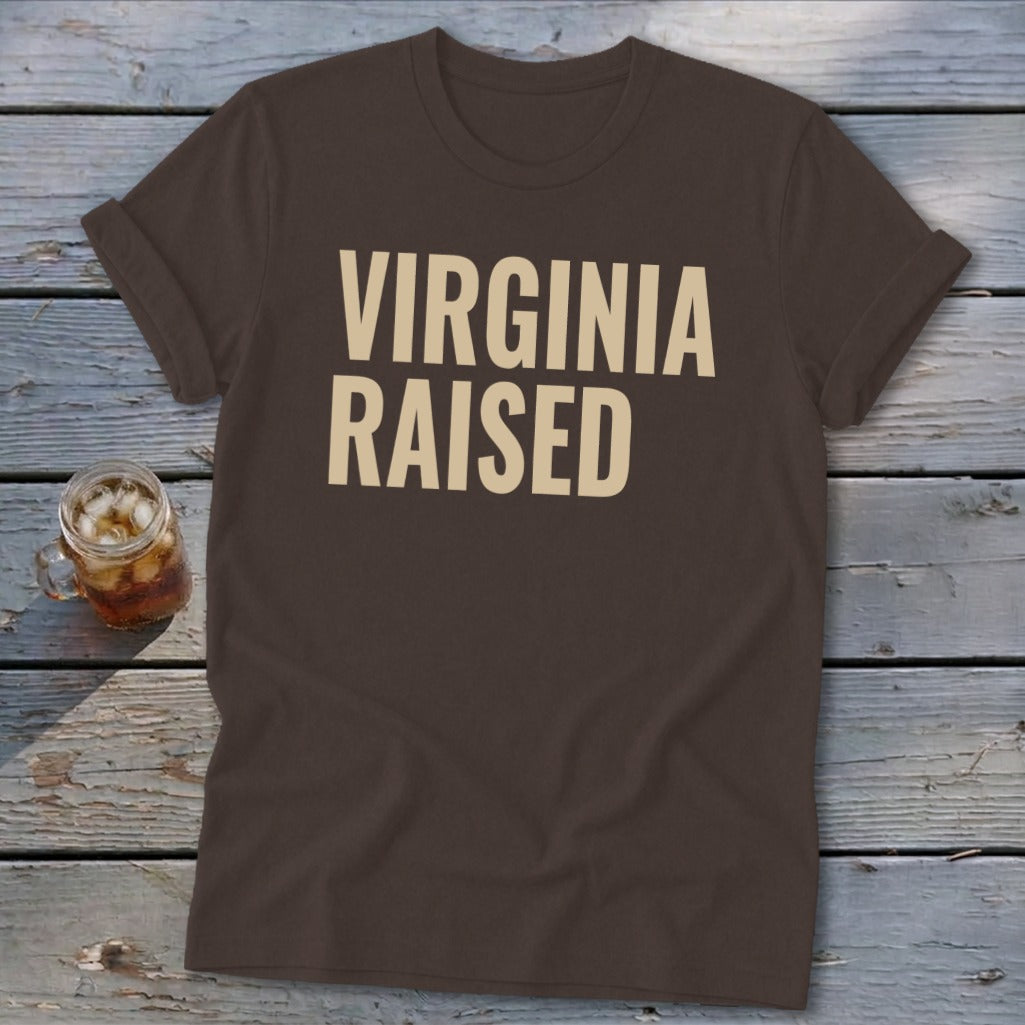 Brown t-shirt with tan text reading "VIRGINIA RAISED".