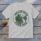White t-shirt with a circular graphic of a bear fishing, reading "Holler Bear Fishin Hole".