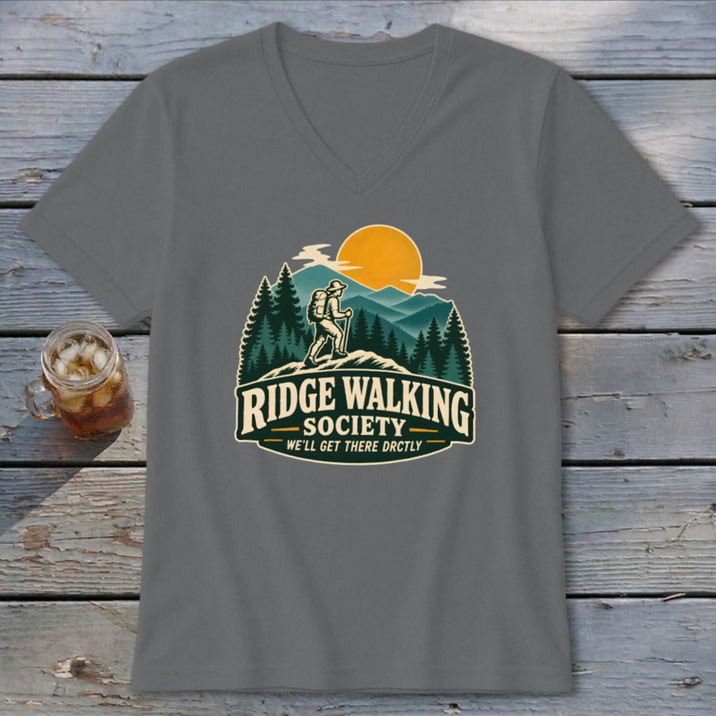 Grey v-neck t-shirt with "Ridge Walking Society" graphic featuring a hiker and mountains.