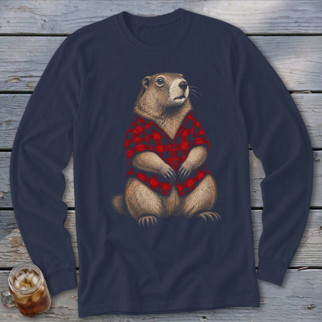 Groundhog wearing a red and black plaid shirt on a navy long-sleeved shirt.