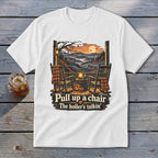 White t-shirt with "Pull up a chair The holler's talkin'" and porch scene.
