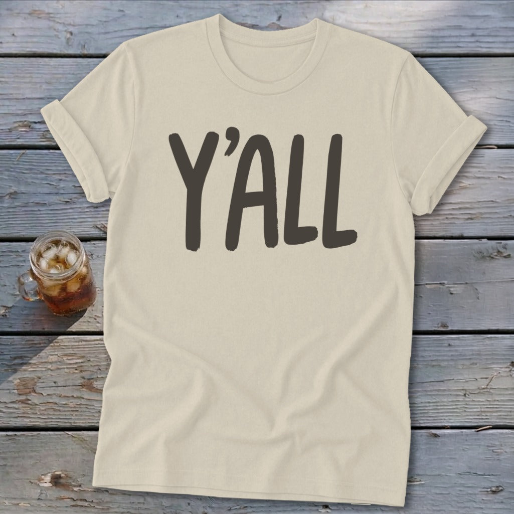 Cream t-shirt with "Y'ALL" in dark brown block letters.