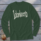 Dark green long sleeve shirt with white "Idonkeerto" text and a drink.