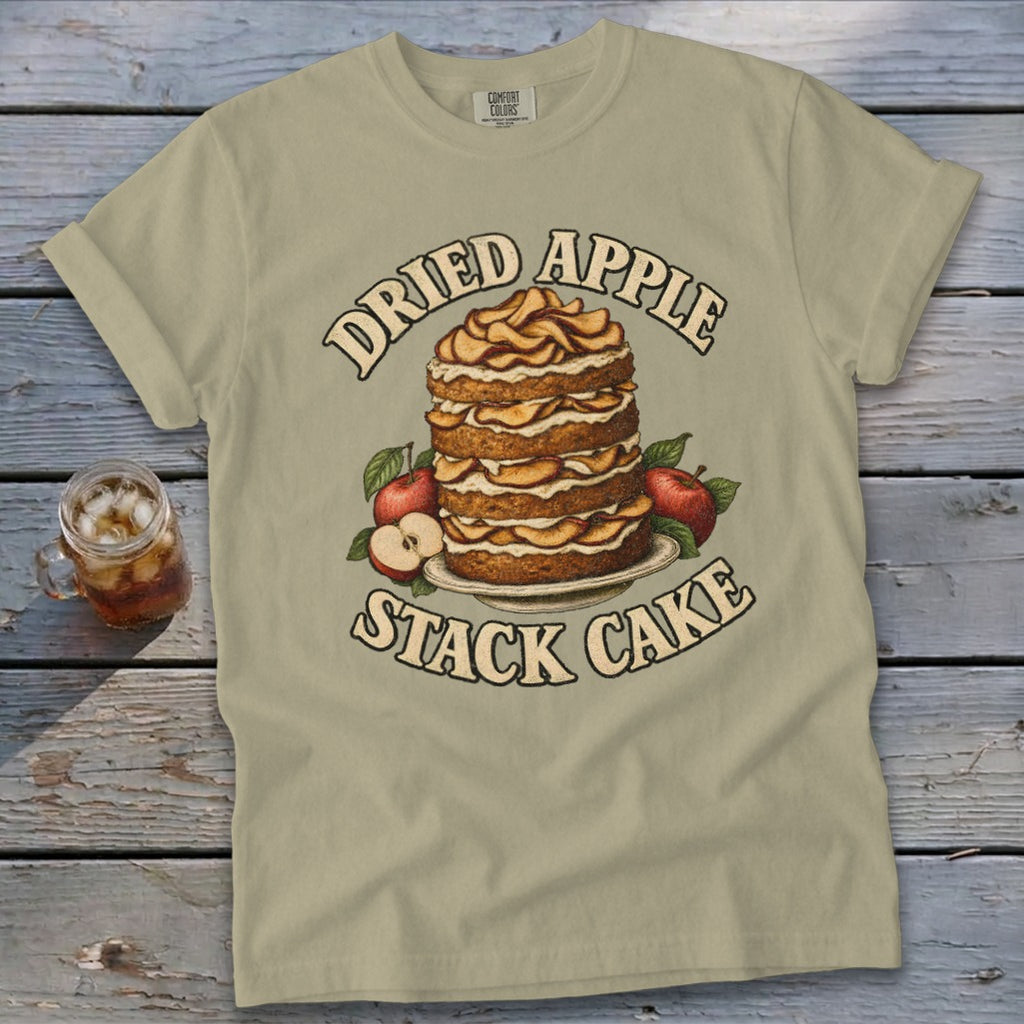 T-shirt with "Dried Apple Stack Cake" graphic and a stack of cake.
