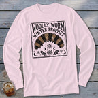Light pink long-sleeve t-shirt with a square black linocut graphic of a woolly worm and text reading Woolly Worm Winter Prophet.