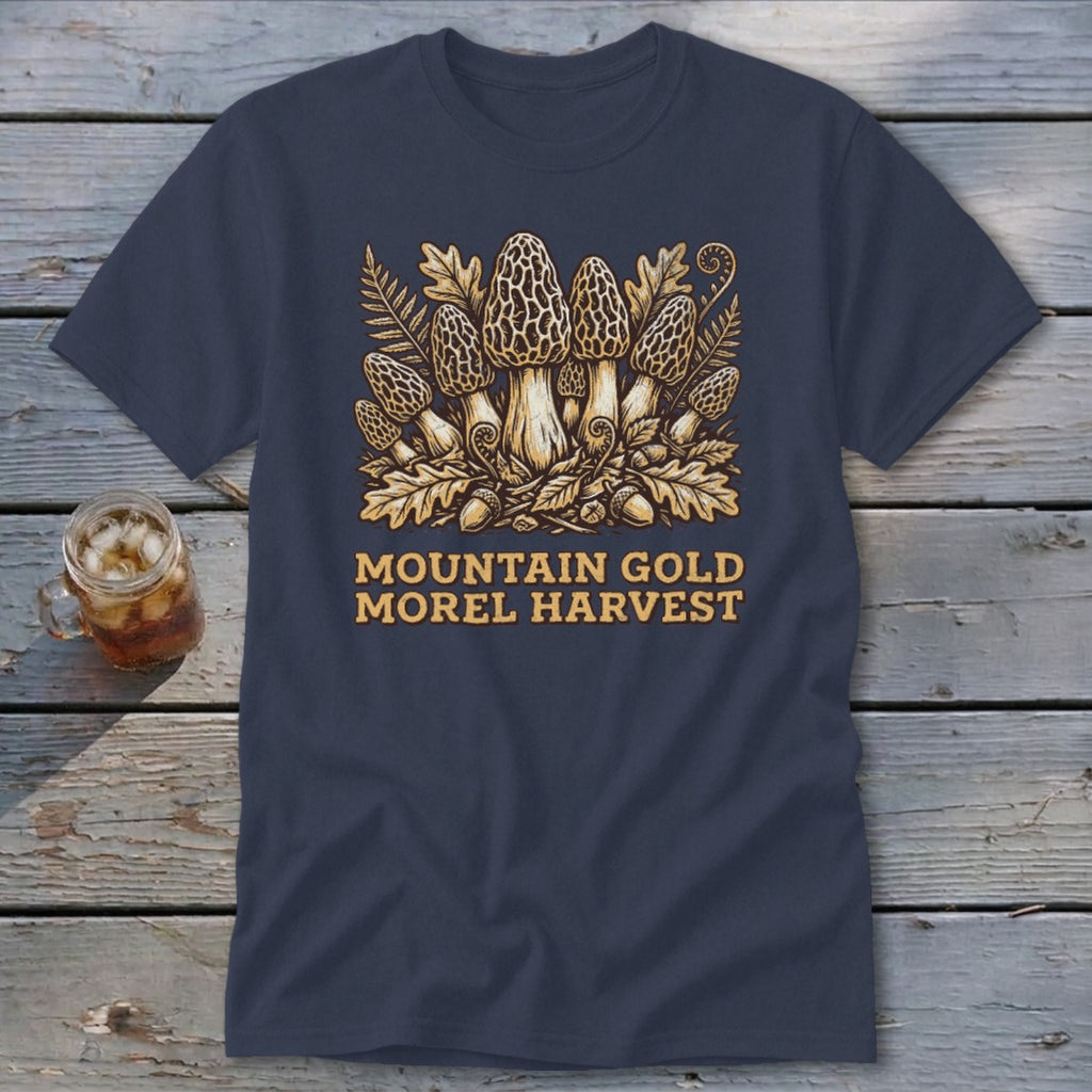 Navy t-shirt with a Morel mushroom harvest design and "MOUNTAIN GOLD MOREL HARVEST" text.