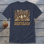 Navy t-shirt with a Morel mushroom harvest design and "MOUNTAIN GOLD MOREL HARVEST" text.