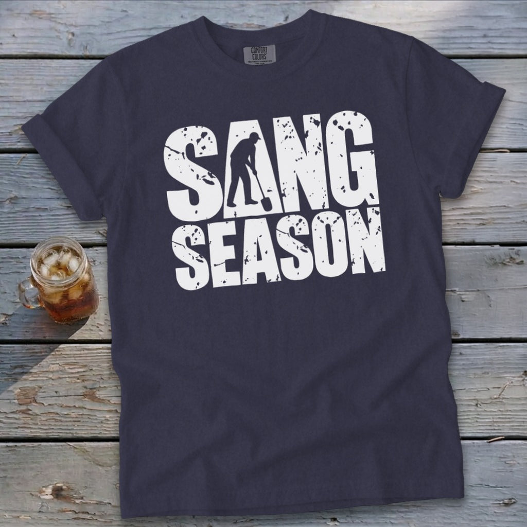 Dark blue t-shirt featuring distressed white text reading SANG SEASON with a silhouetted digger.