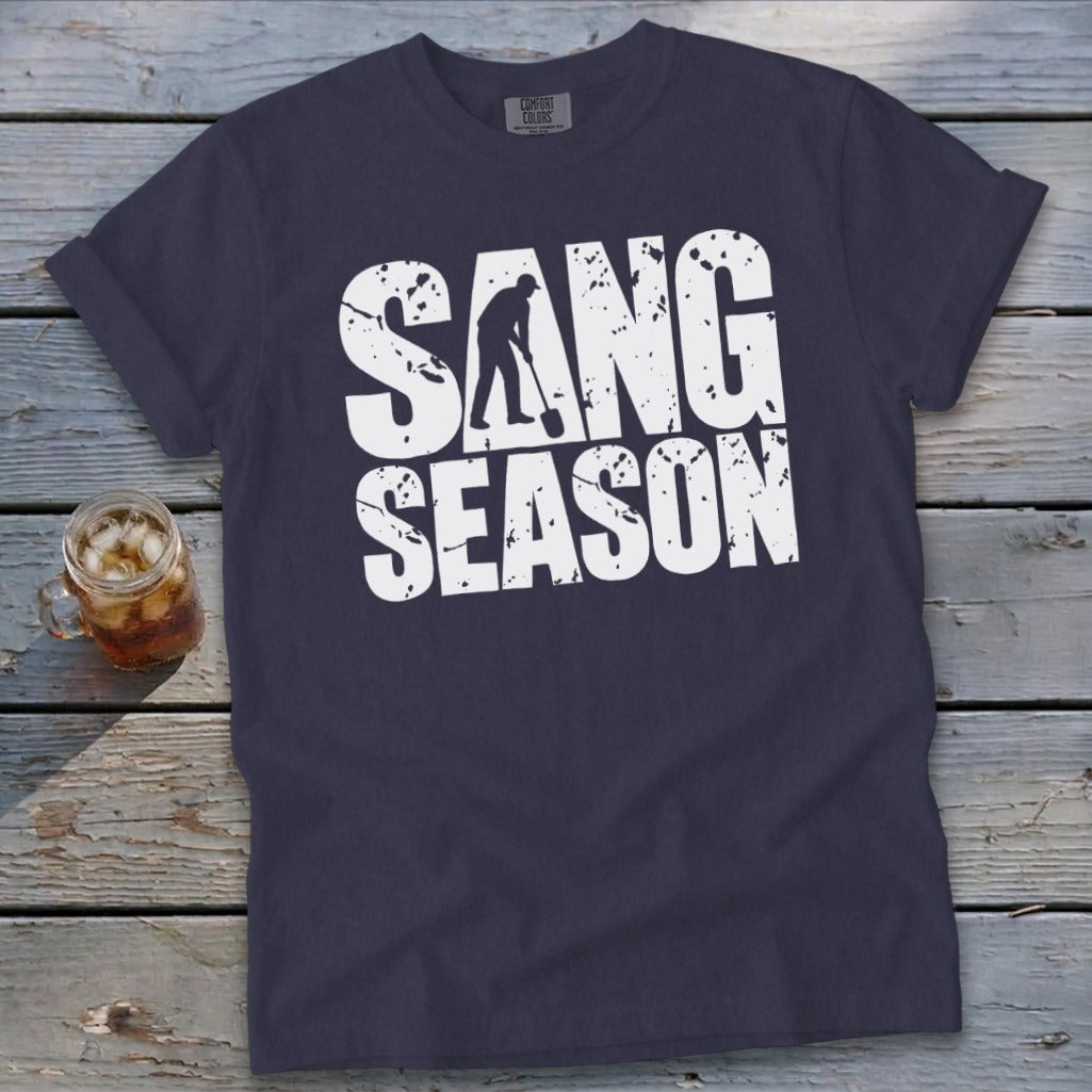 Dark blue t-shirt featuring distressed white text reading SANG SEASON with a silhouetted digger.