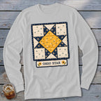Long-sleeve shirt with a square Ohio Star quilt design and the words "OHIO STAR".