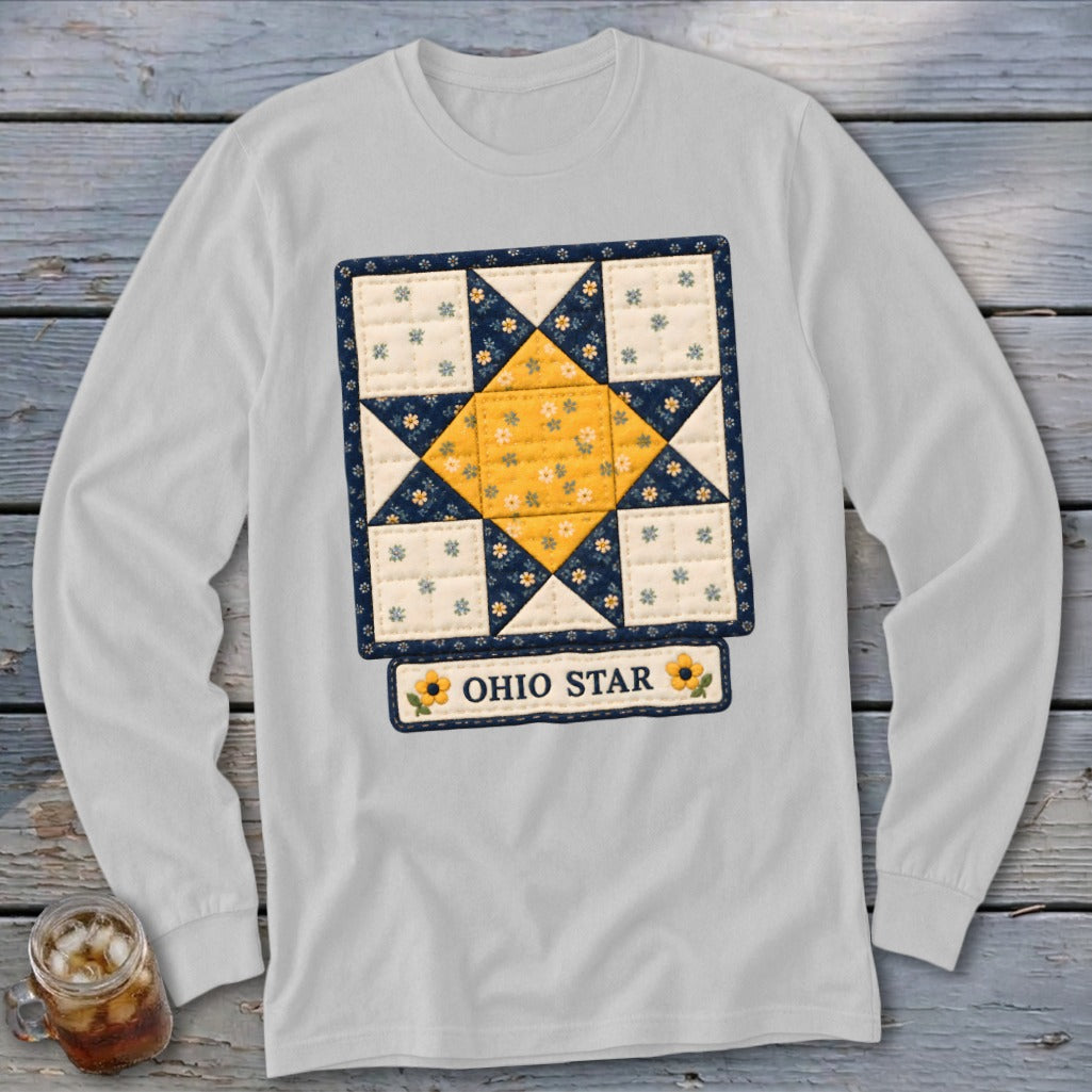 Long-sleeve shirt with a square Ohio Star quilt design and the words "OHIO STAR".