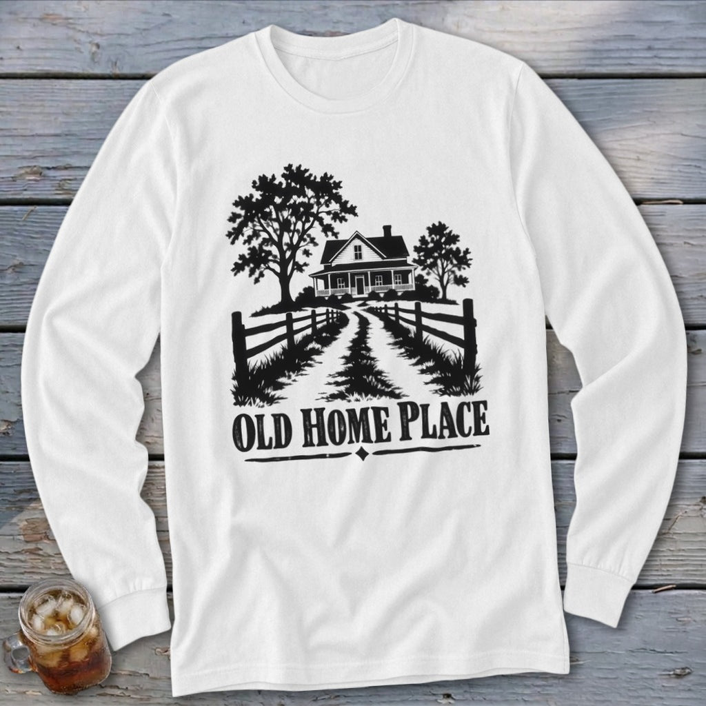 Black and white graphic of a house with trees, fence, and the text "OLD HOME PLACE".