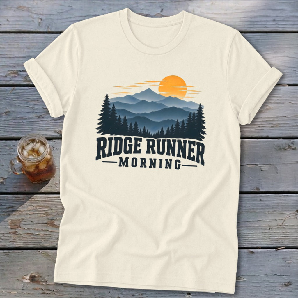 Cream t-shirt with Ridge Runner Morning mountain sunrise graphic