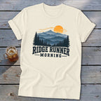 Cream t-shirt with Ridge Runner Morning mountain sunrise graphic