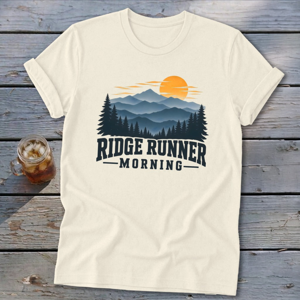 Cream t-shirt with Ridge Runner Morning mountain sunrise graphic