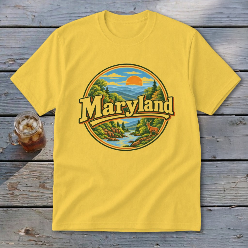 Yellow t-shirt with "Maryland" text above a circular landscape with a deer.