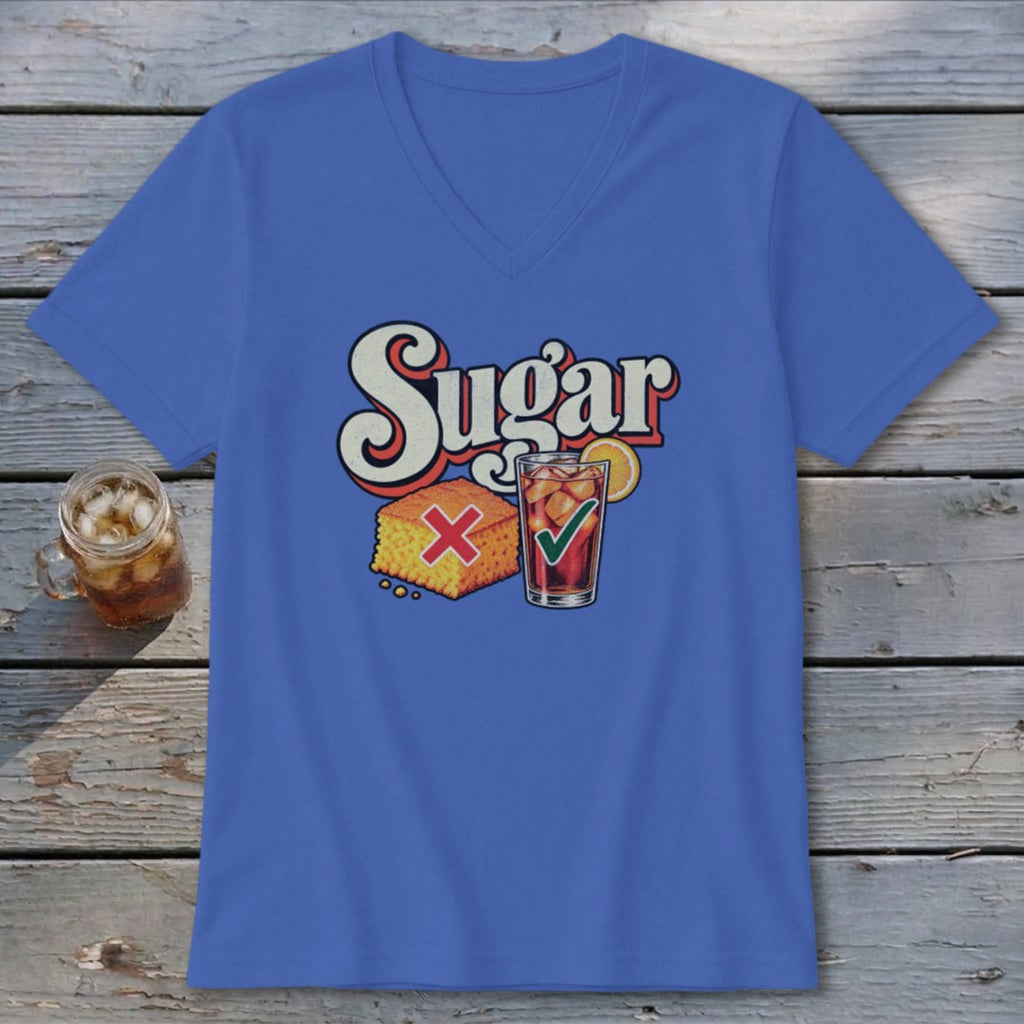 A blue V-neck t-shirt featuring a retro graphic with the text "Sugar," a cornbread slice with a red X, and a glass of iced tea with a green checkmark.