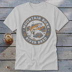 White t-shirt with "Mountain Born River Bred" circular graphic featuring a jumping trout.