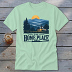 Light green t-shirt with a landscape scene and the text "The Home Place".