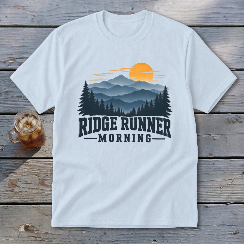 White t-shirt with mountain landscape graphic and text "Ridge Runner Morning".