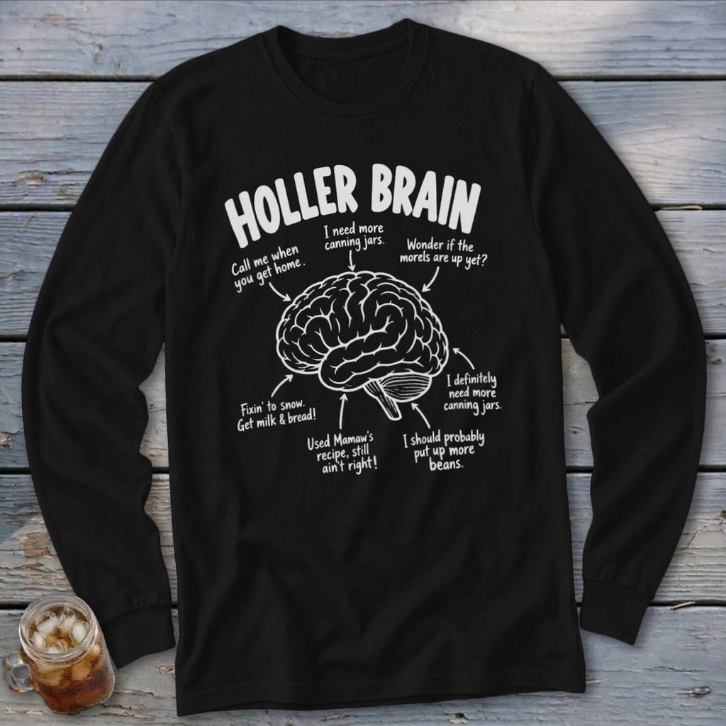 Black long sleeve shirt with "Holler Brain" text and a diagram of a brain with captions.