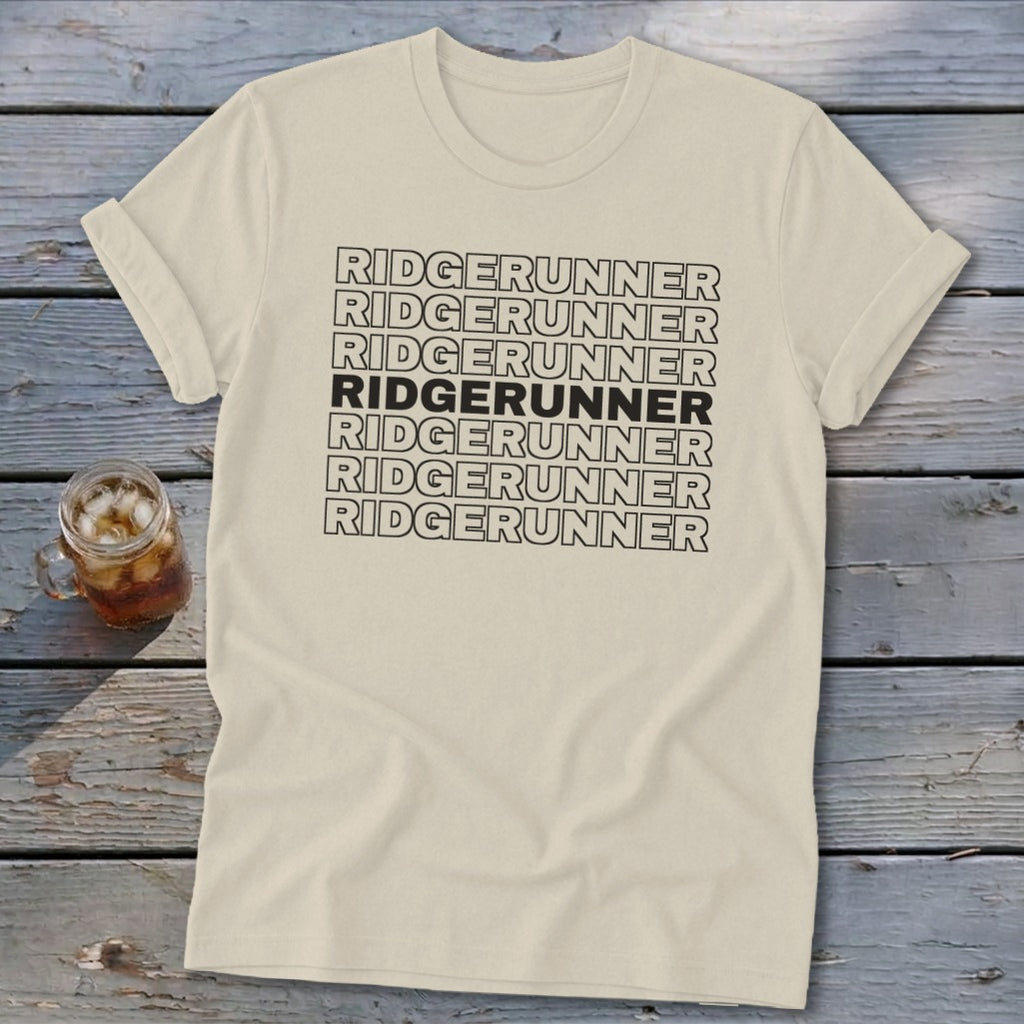 Cream t-shirt with repeated black text "RIDGERUNNER" and a glass of iced drink.