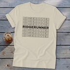 Cream t-shirt with repeated black text "RIDGERUNNER" and a glass of iced drink.