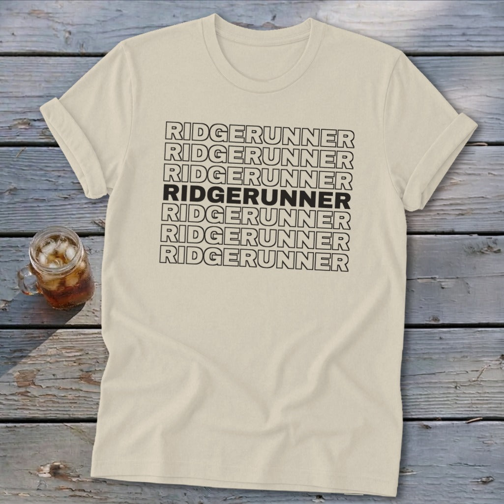 Cream t-shirt with repeated black text "RIDGERUNNER" and a glass of iced drink.