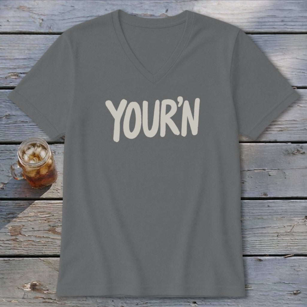 Grey V-neck t-shirt with "YOUR'N" in cream text and a glass of iced tea.