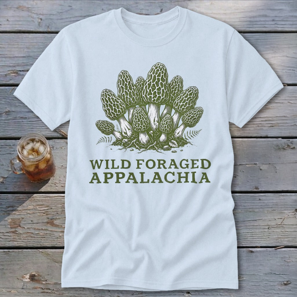White t-shirt with green morel mushrooms and text "Wild Foraged Appalachia".