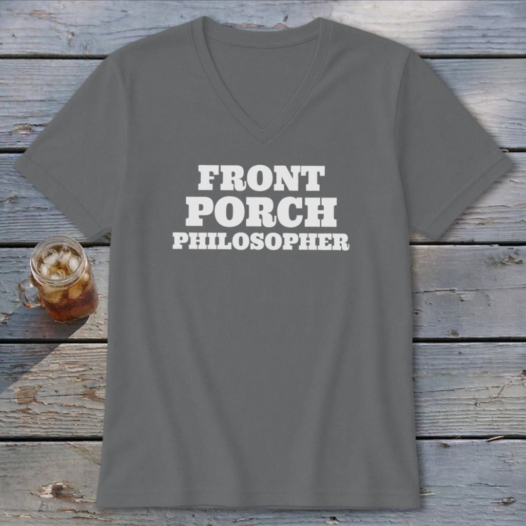 Gray v-neck t-shirt with white text reading "FRONT PORCH PHILOSOPHER".