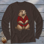 Brown long-sleeve shirt with a drawing of a groundhog wearing a red and black plaid shirt.