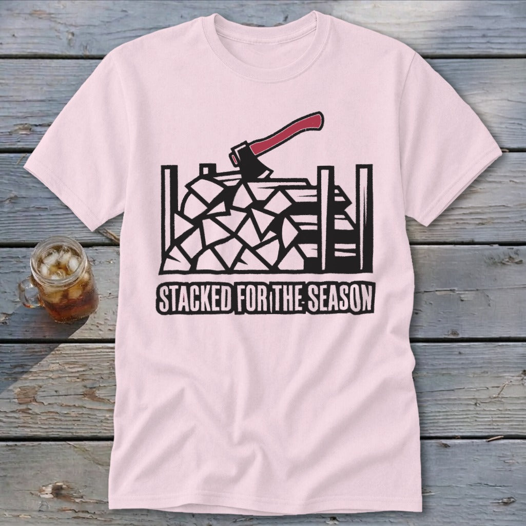 Pink t-shirt with woodpile graphic and text "STACKED FOR THE SEASON"