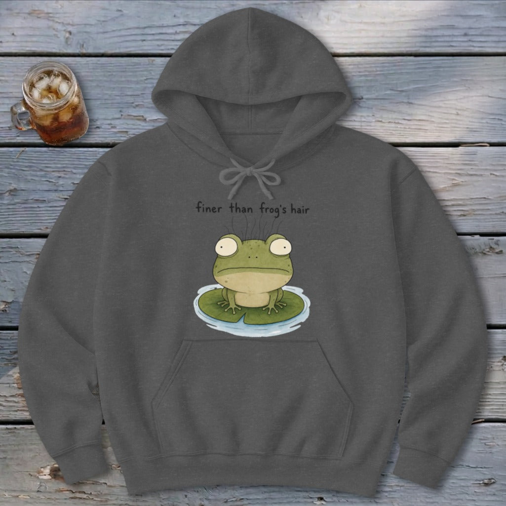 A dark gray hooded sweatshirt featuring an illustration of a green frog on a lily pad with the text finer than frog's hair.