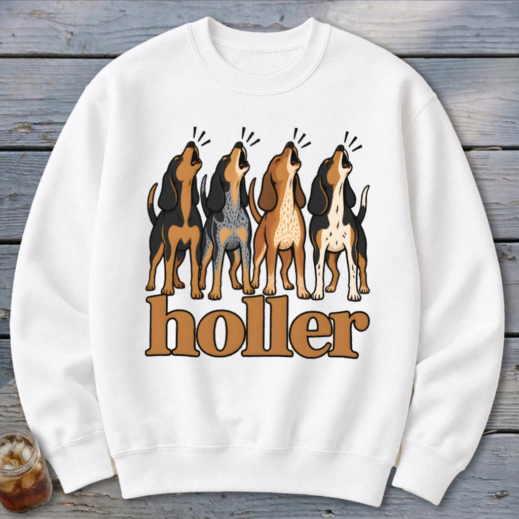 White sweatshirt with graphic of four baying dogs and the text "holler".