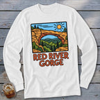 White long-sleeve shirt with Red River Gorge graphic featuring an arch and forest scene.