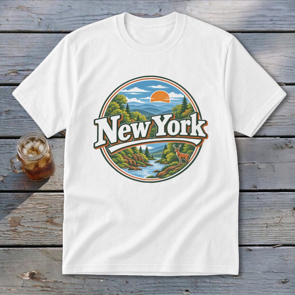 White t-shirt with circular New York graphic featuring a deer and landscape.