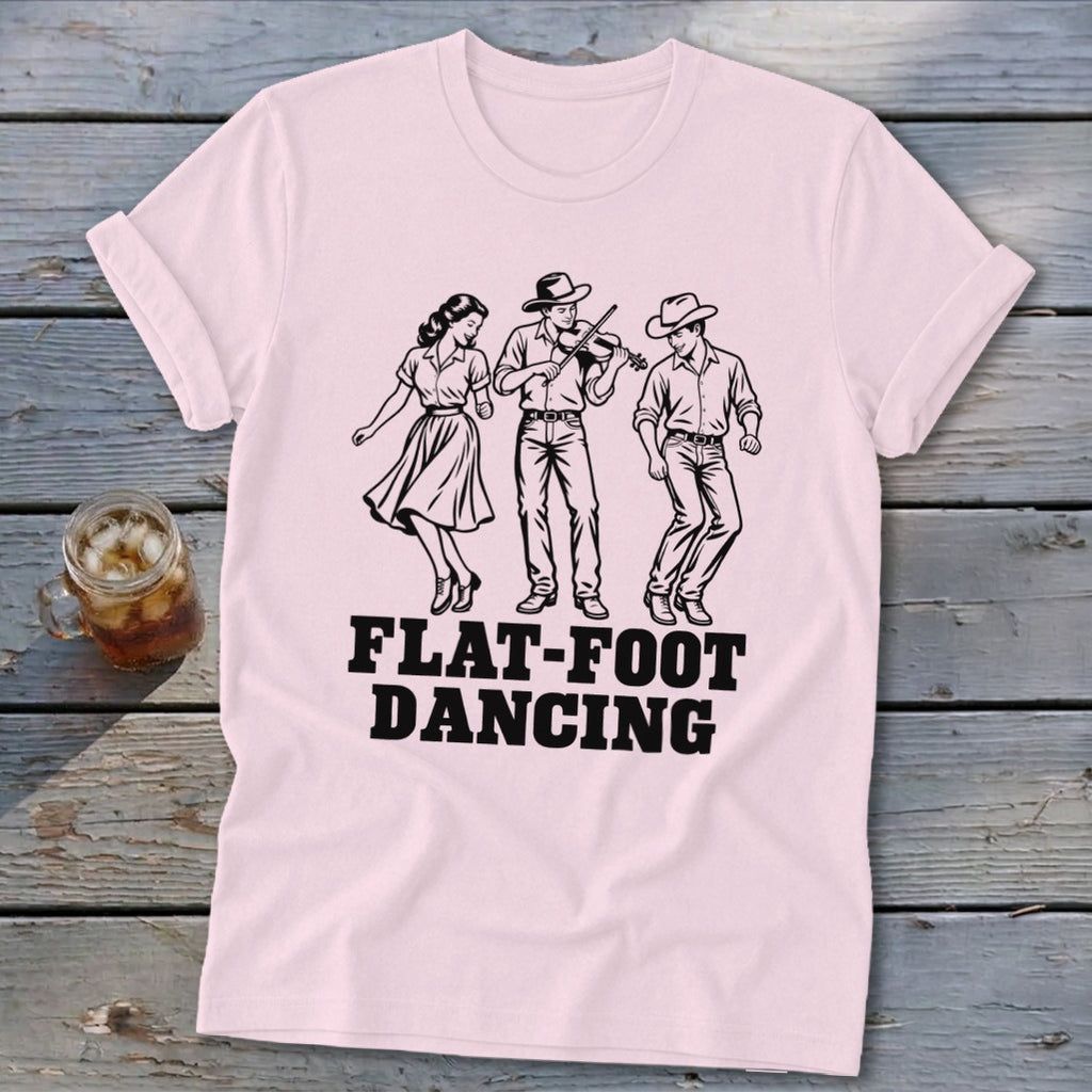 Pink t-shirt with "FLAT-FOOT DANCING" text and people dancing to a fiddle.