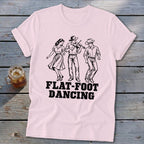 Pink t-shirt with "FLAT-FOOT DANCING" text and people dancing to a fiddle.