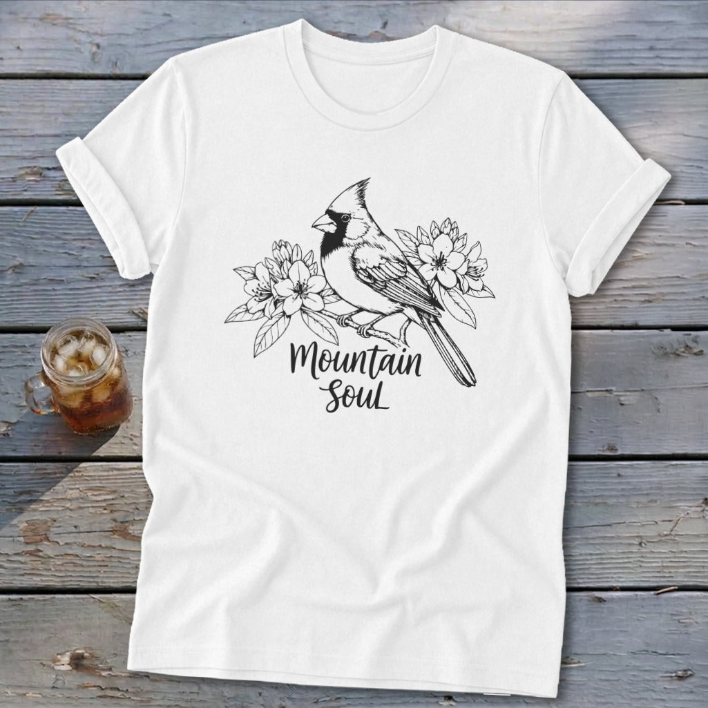 White t-shirt with a cardinal and flowers illustration, "Mountain Soul" text.