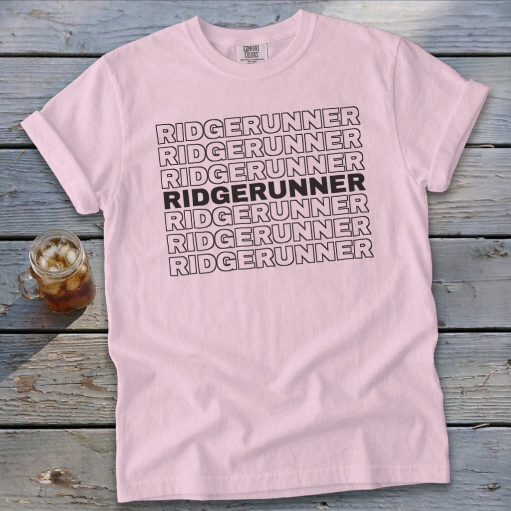 Pink t-shirt with "RIDGERUNNER" repeated in black text with bolded middle line.