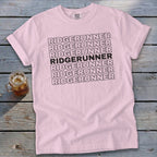 Pink t-shirt with "RIDGERUNNER" repeated in black text with bolded middle line.