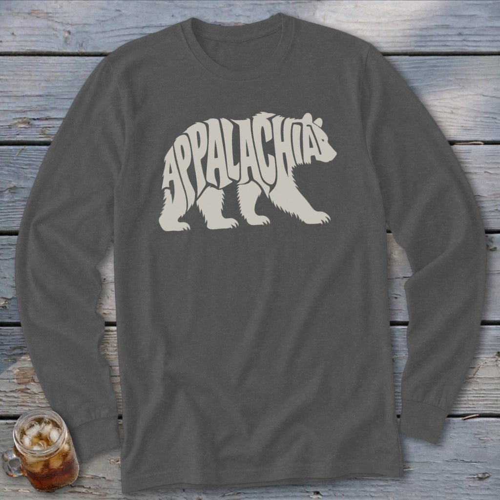 Charcoal long-sleeve t-shirt featuring a white bear graphic filled with the text Appalachia.