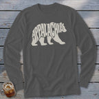 Charcoal long-sleeve t-shirt featuring a white bear graphic filled with the text Appalachia.
