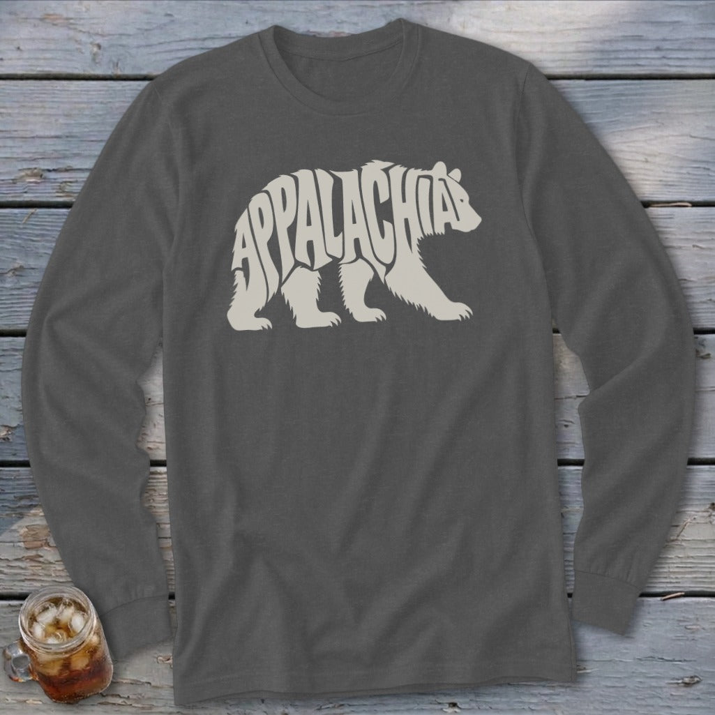 Charcoal long-sleeve t-shirt featuring a white bear graphic filled with the text Appalachia.