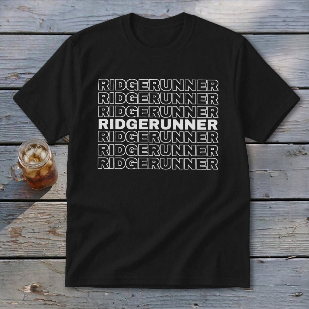 Black t-shirt with "RIDGERUNNER" repeated seven times in white text.
