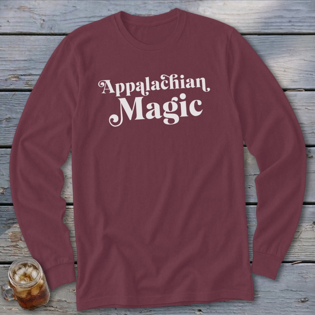 Maroon long sleeve shirt with "Appalachian Magic" text in white.