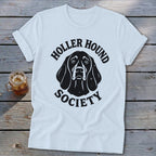 White t-shirt with black Holler Hound Society text and dog graphic.